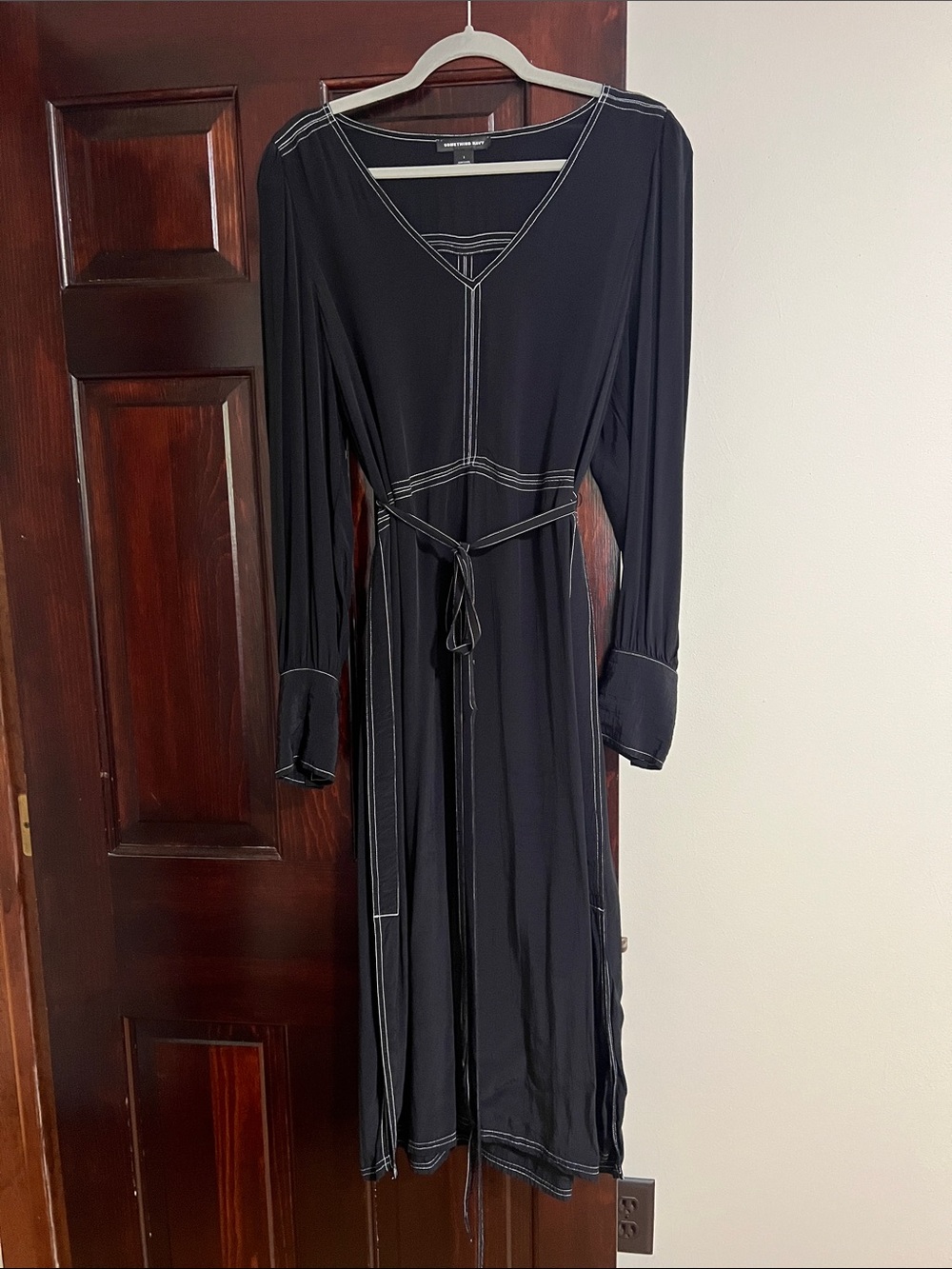 Something Navy Black Long Sleeve V-Neck Wrap Dress with White Contrast Stitching